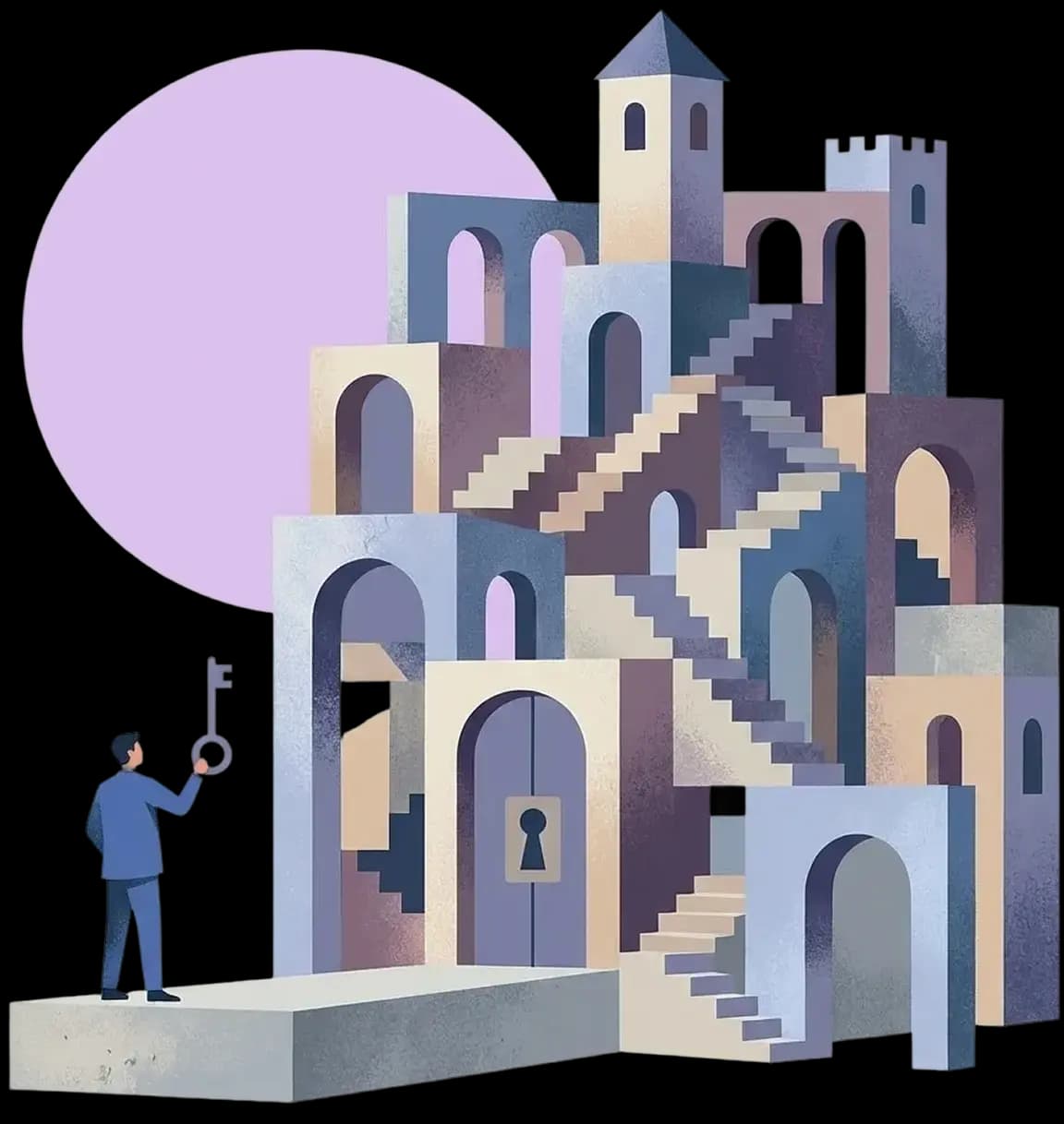 Person holding a key facing a complex, surreal building with stairs, arches, and a large keyhole door.