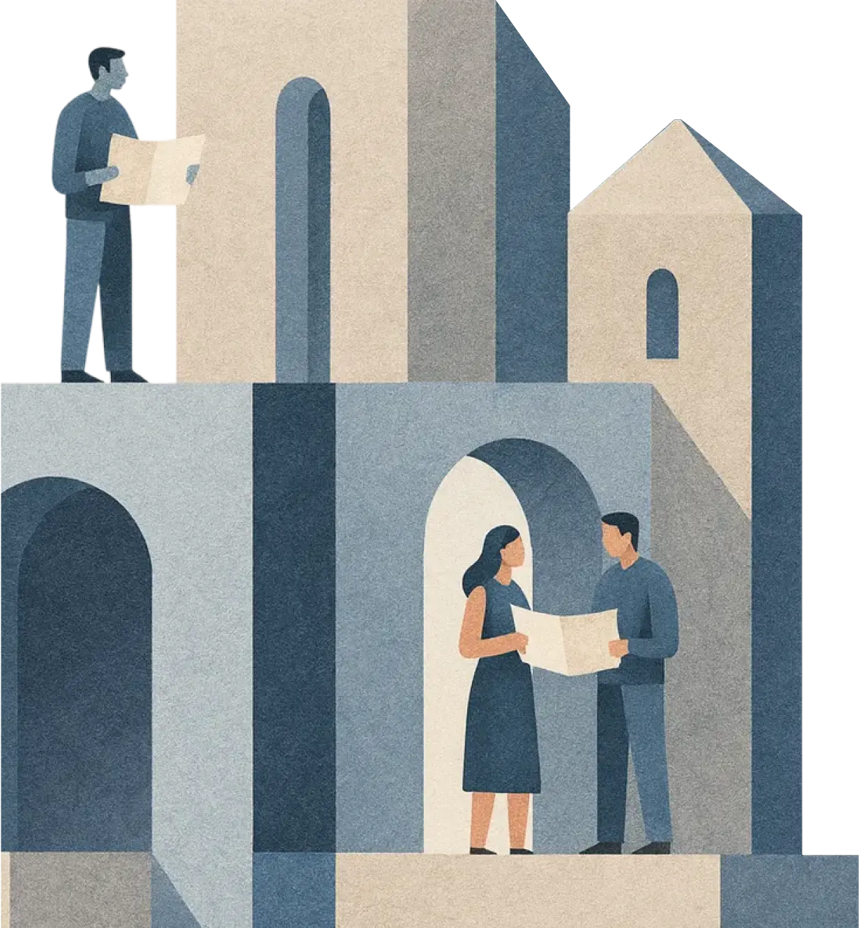 Two people on different levels of a building structure holding and looking at blueprints.