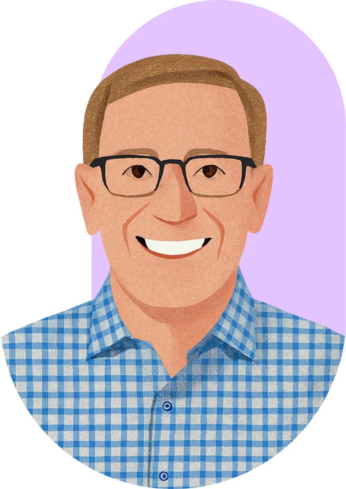 Illustration of a smiling man with glasses wearing a blue checkered shirt and light purple background.