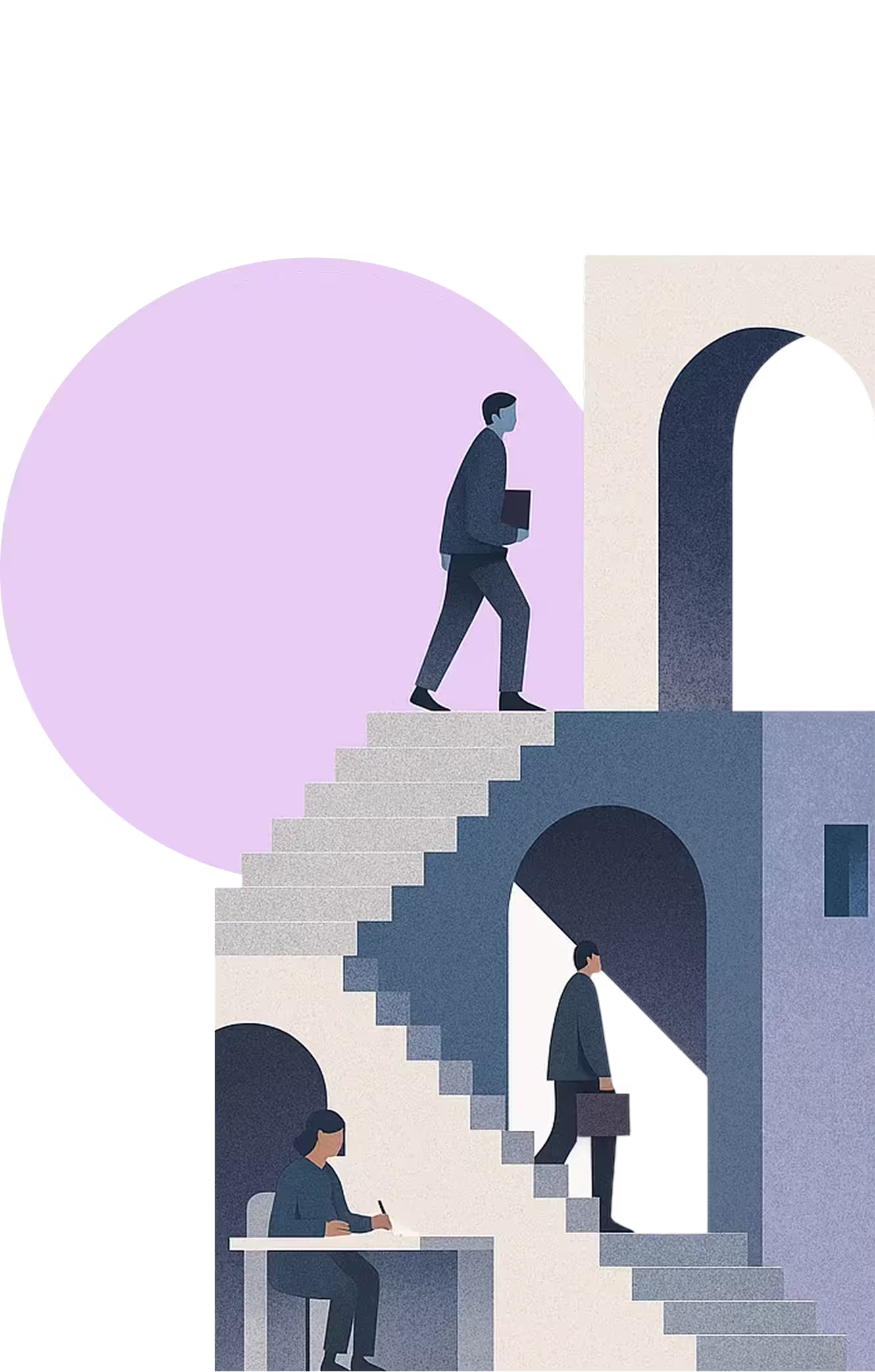 Two men in suits walking on stairs around an archway and a woman writing seated at a desk below.