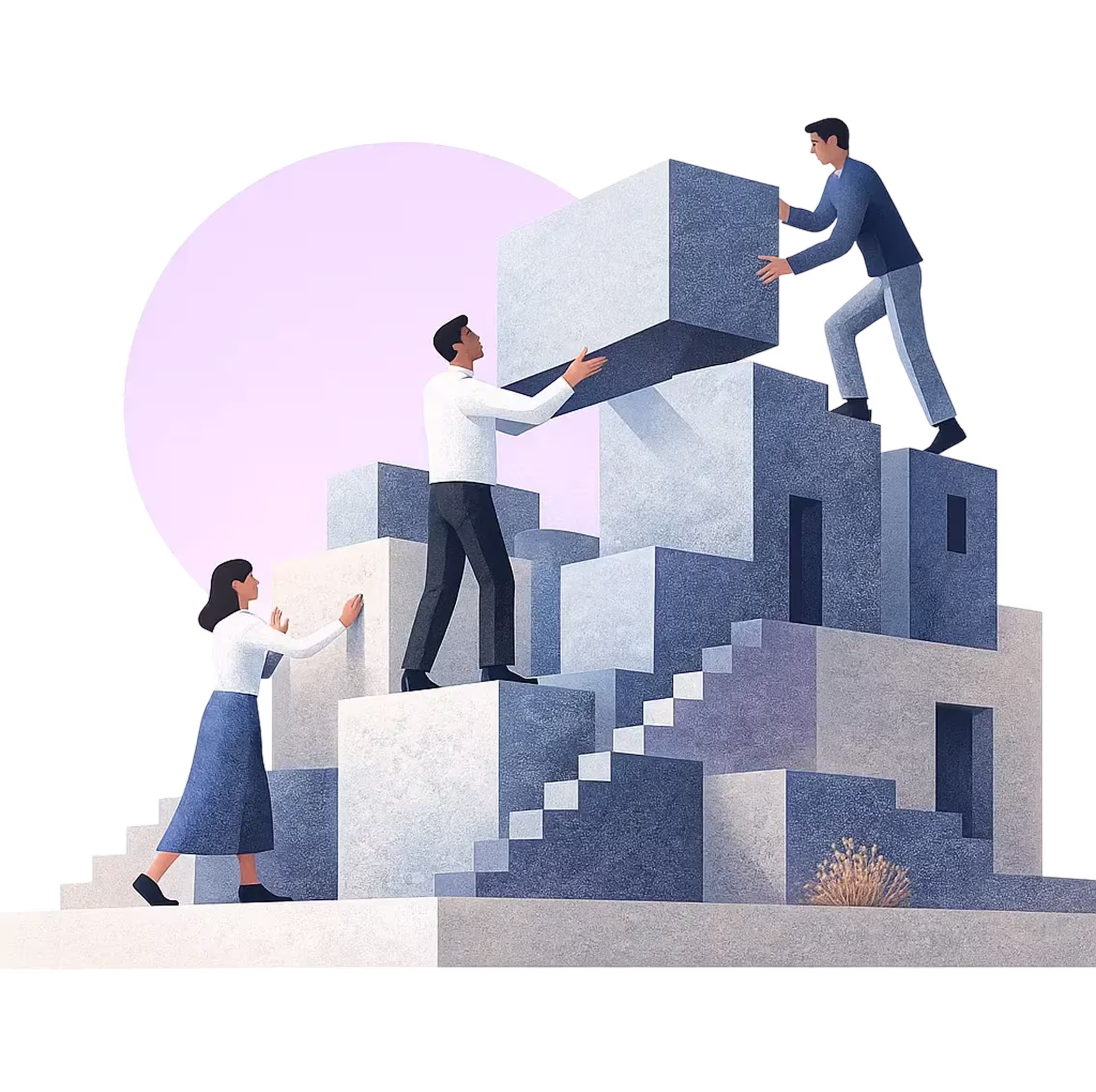 Three people cooperating to stack large concrete blocks forming stairs and structures.