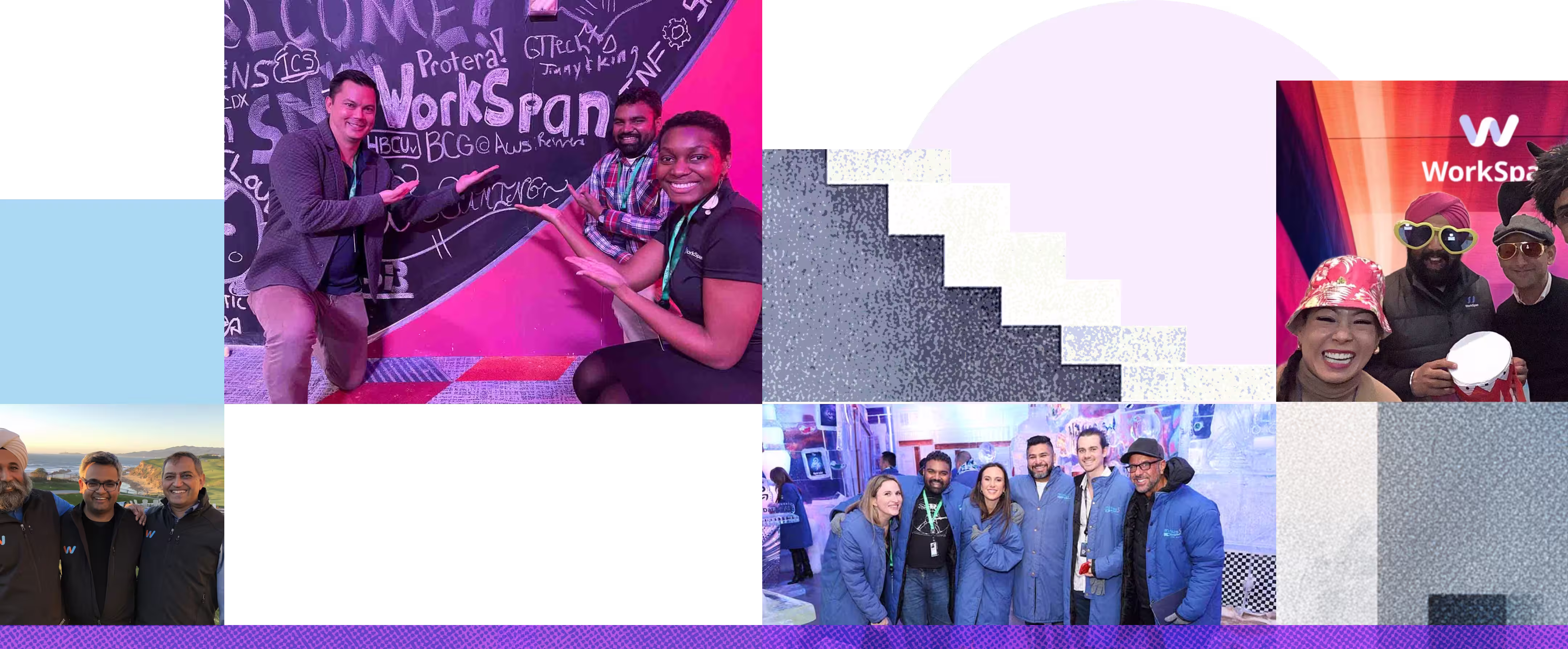 Collage of diverse groups of people smiling and posing at a WorkSpan event with branded backgrounds.