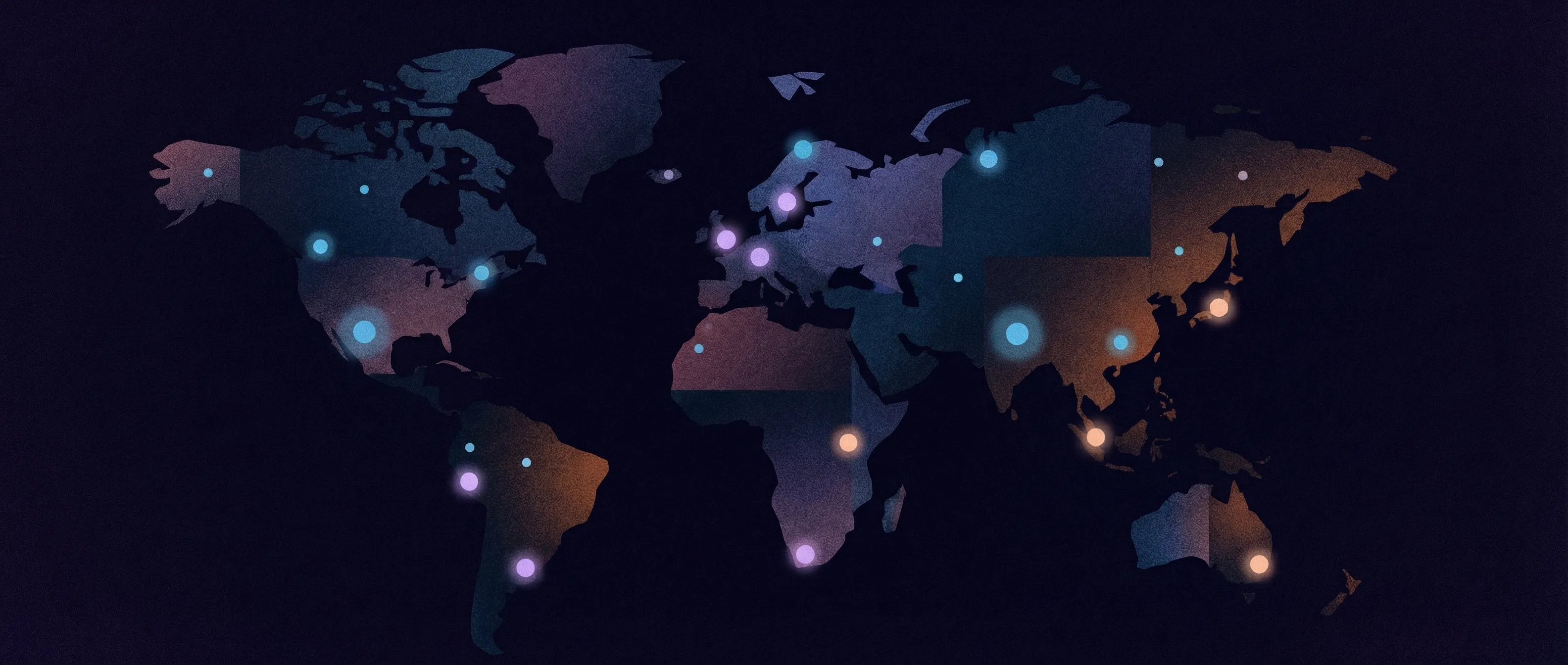 Stylized world map with glowing dots of various colors marking major locations on continents.