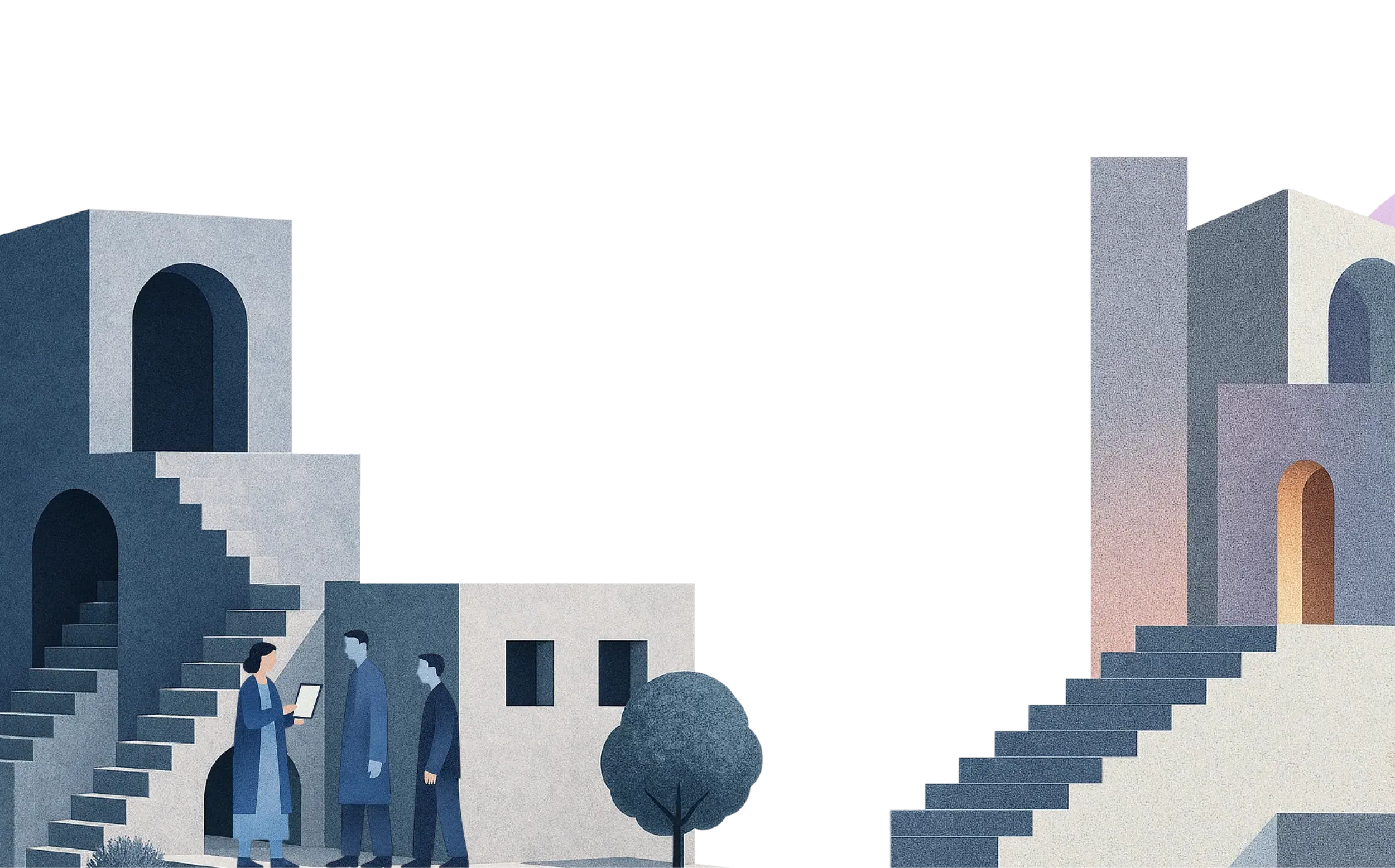 Three people standing near modern abstract buildings with staircases and a tree at sunset.