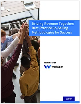 Group of coworkers joining hands in a high-five with blue text on right about co-selling eBook by WorkSpan.