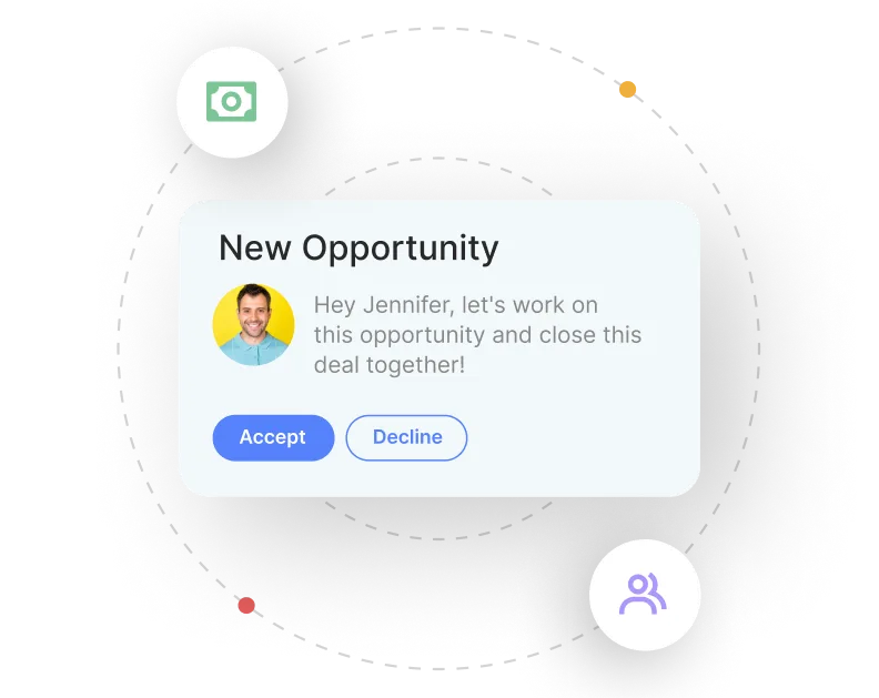 Notification titled New Opportunity with message to Jennifer, showing Accept and Decline buttons and sender's photo.