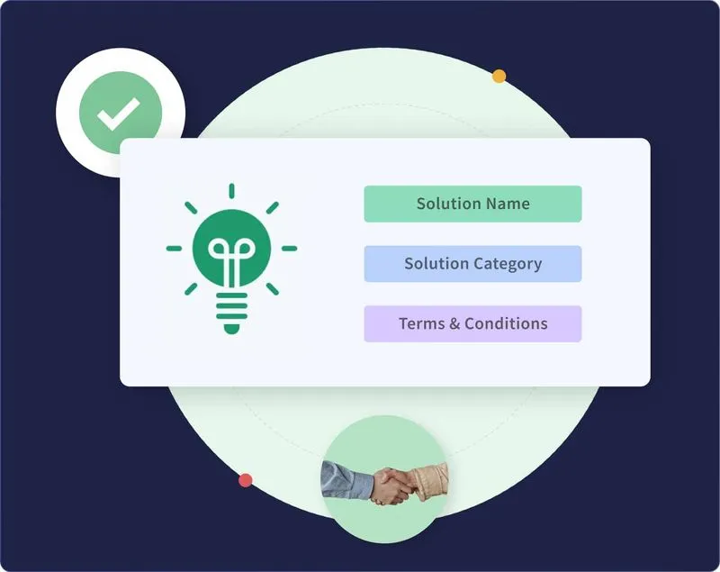 Interface with a green lightbulb icon and boxes labeled Solution Name, Category, and Terms & Conditions.
