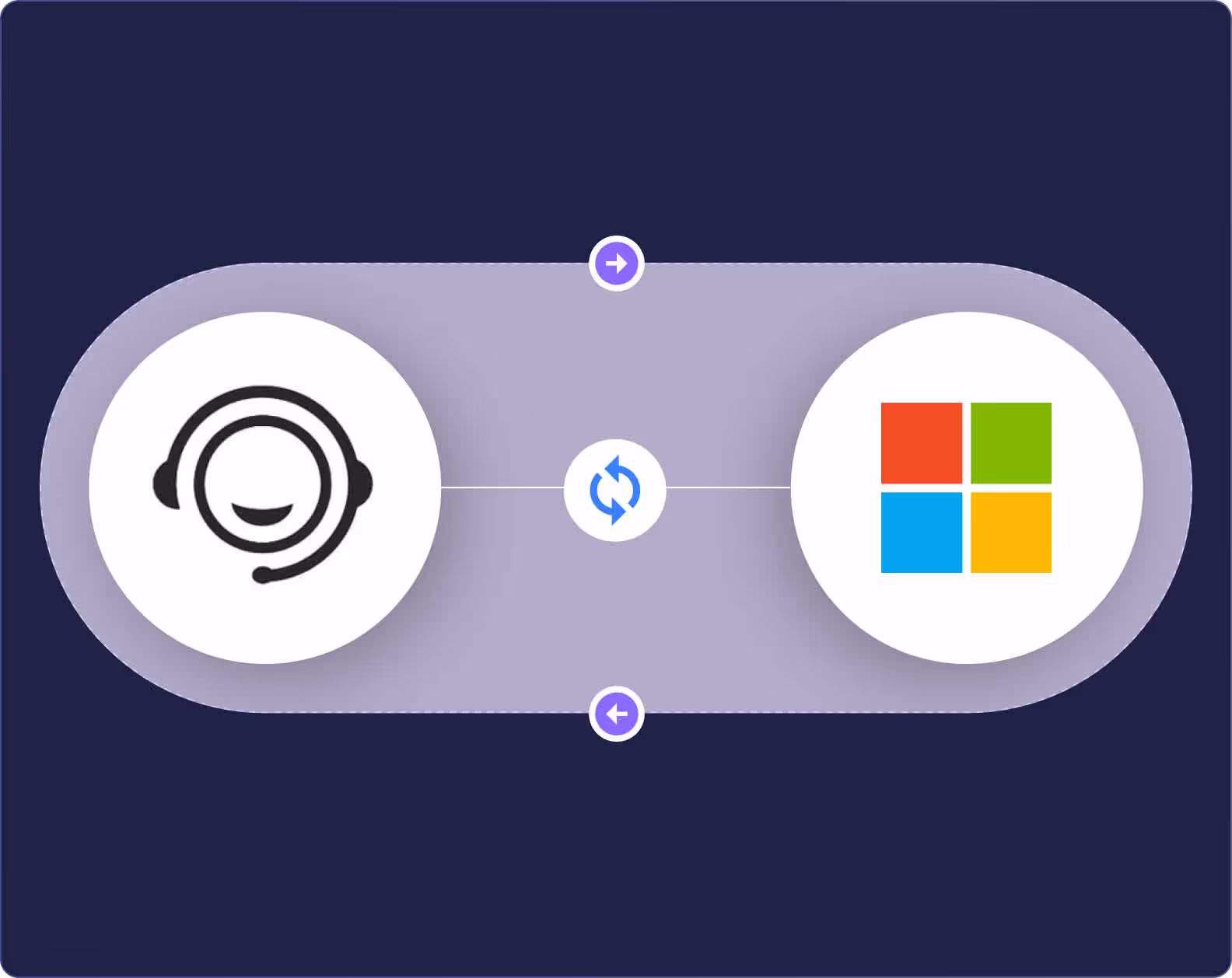 Graphic showing two-way synchronization between a headset icon and the Microsoft logo on dark background.
