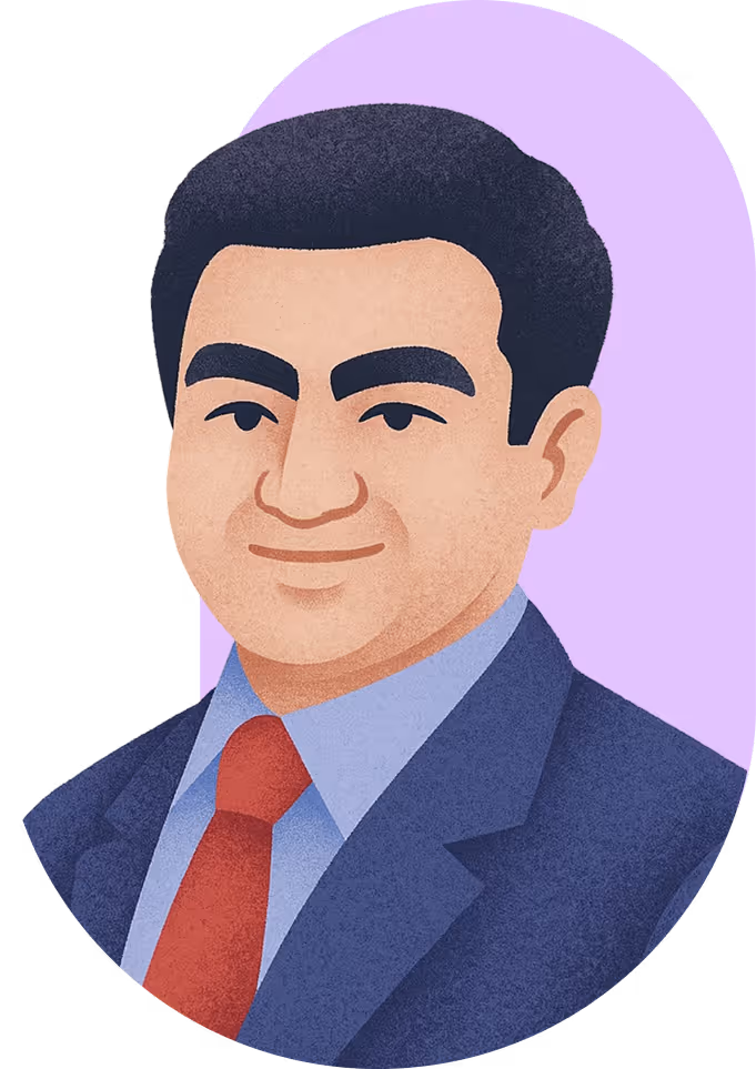Illustration of a man with dark hair in a blue suit, light blue shirt, and red tie on a purple background.