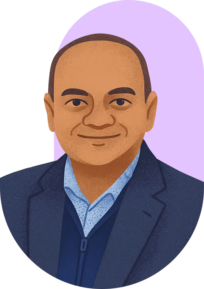 Illustration of a smiling bald man wearing a blazer and collared shirt against a purple background.