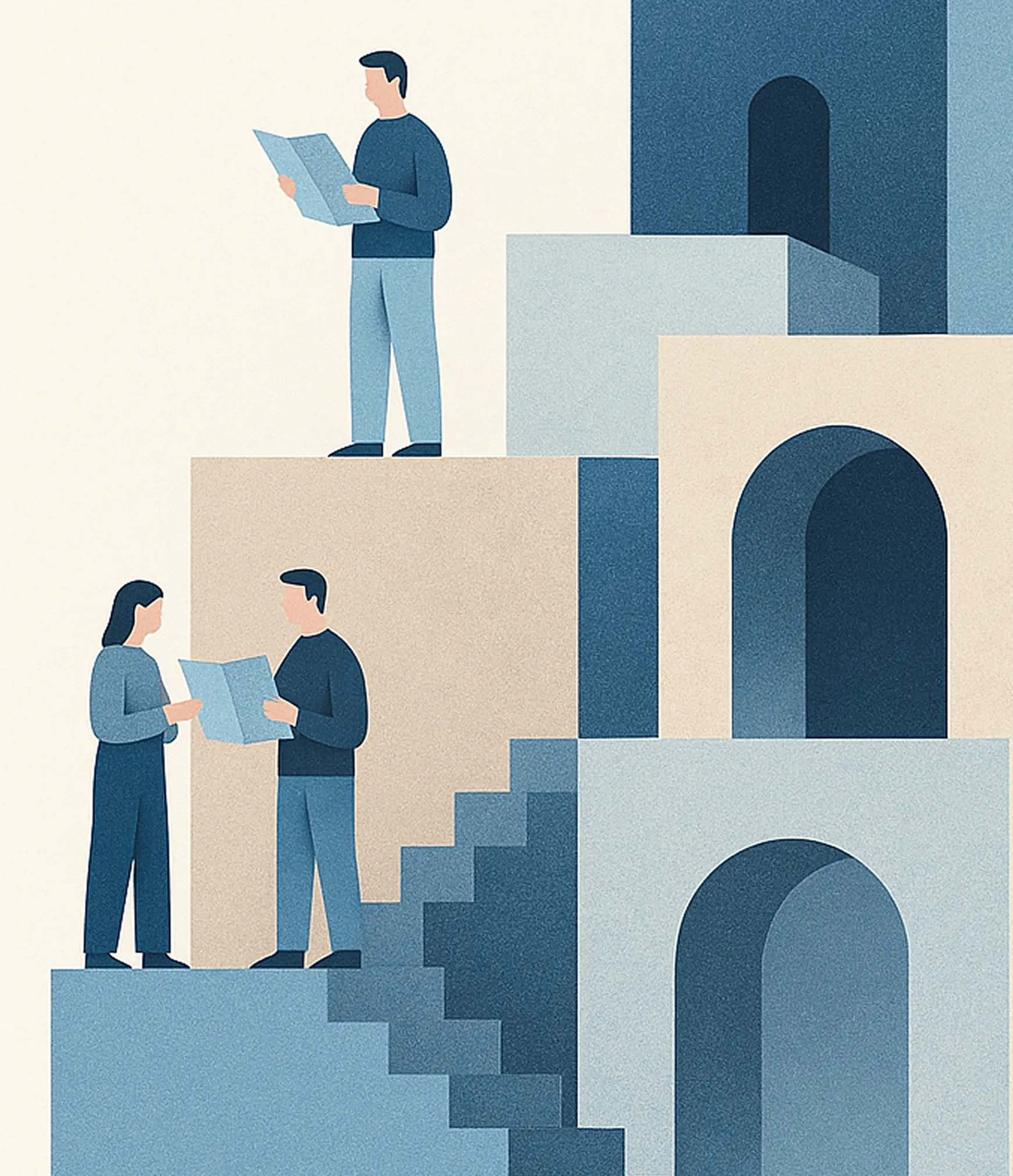 Illustration of three people reading papers and standing on geometric blocks with archways and stairs.