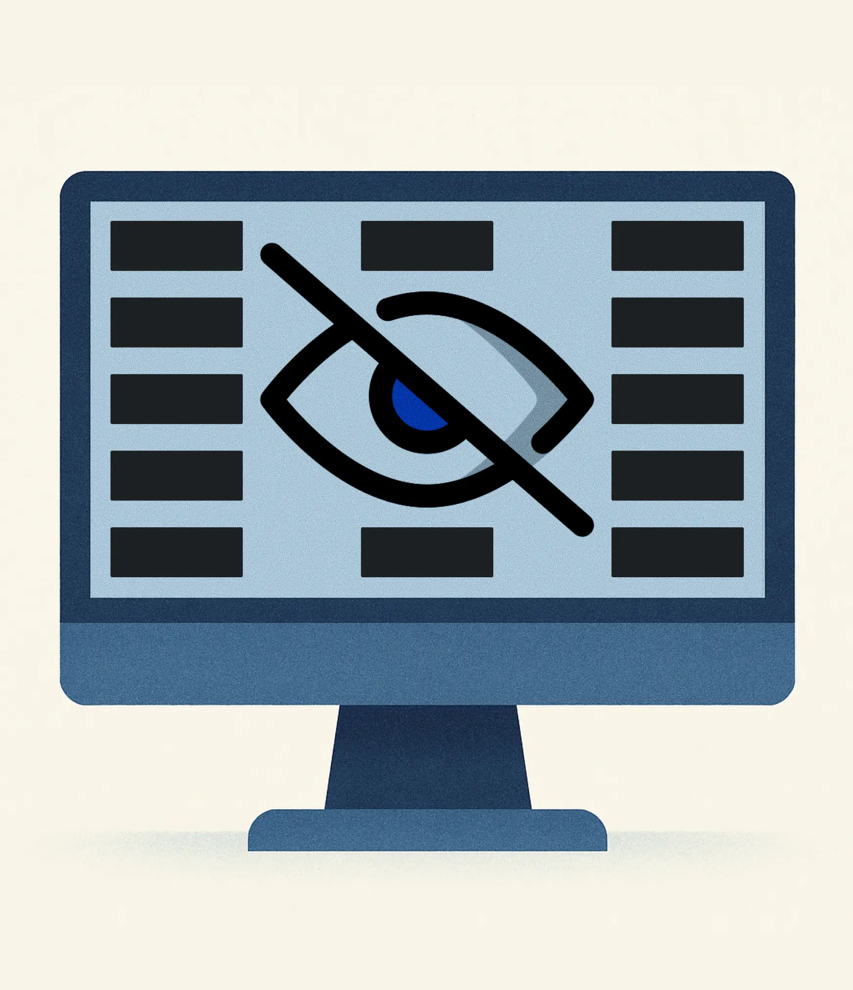 Computer monitor displaying a crossed-out eye icon, symbolizing hidden or private content.
