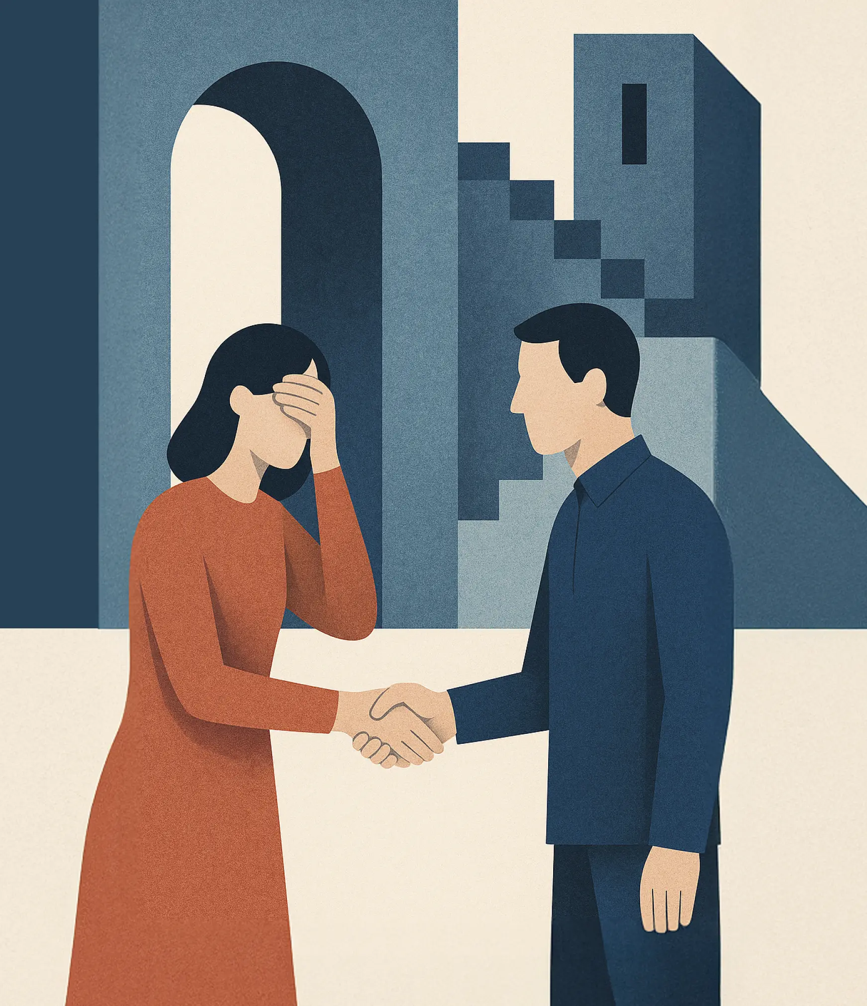 A woman covering her face shakes hands with a man against a background of blue architectural structures.