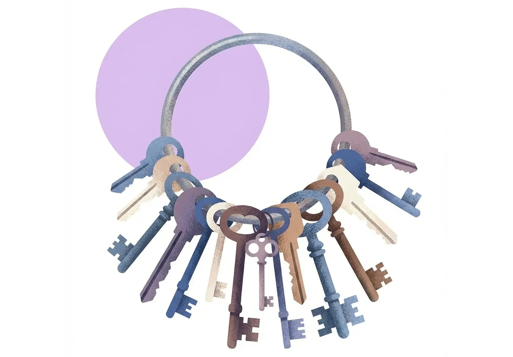 Ring holding a collection of vintage-style keys in various muted colors with a purple circle in the background.