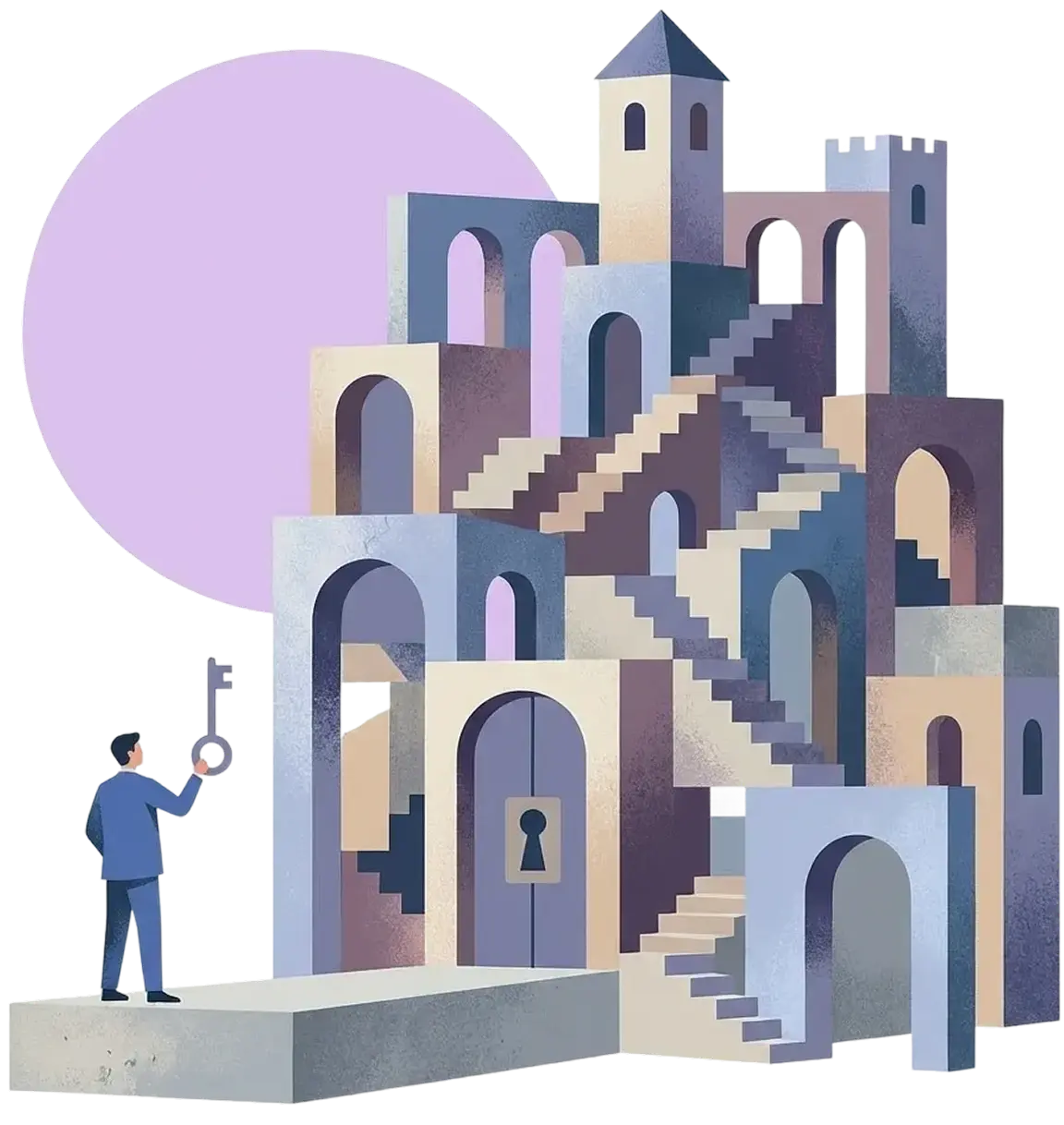 Person holding a key facing a complex, surreal building with stairs, arches, and a large keyhole door.