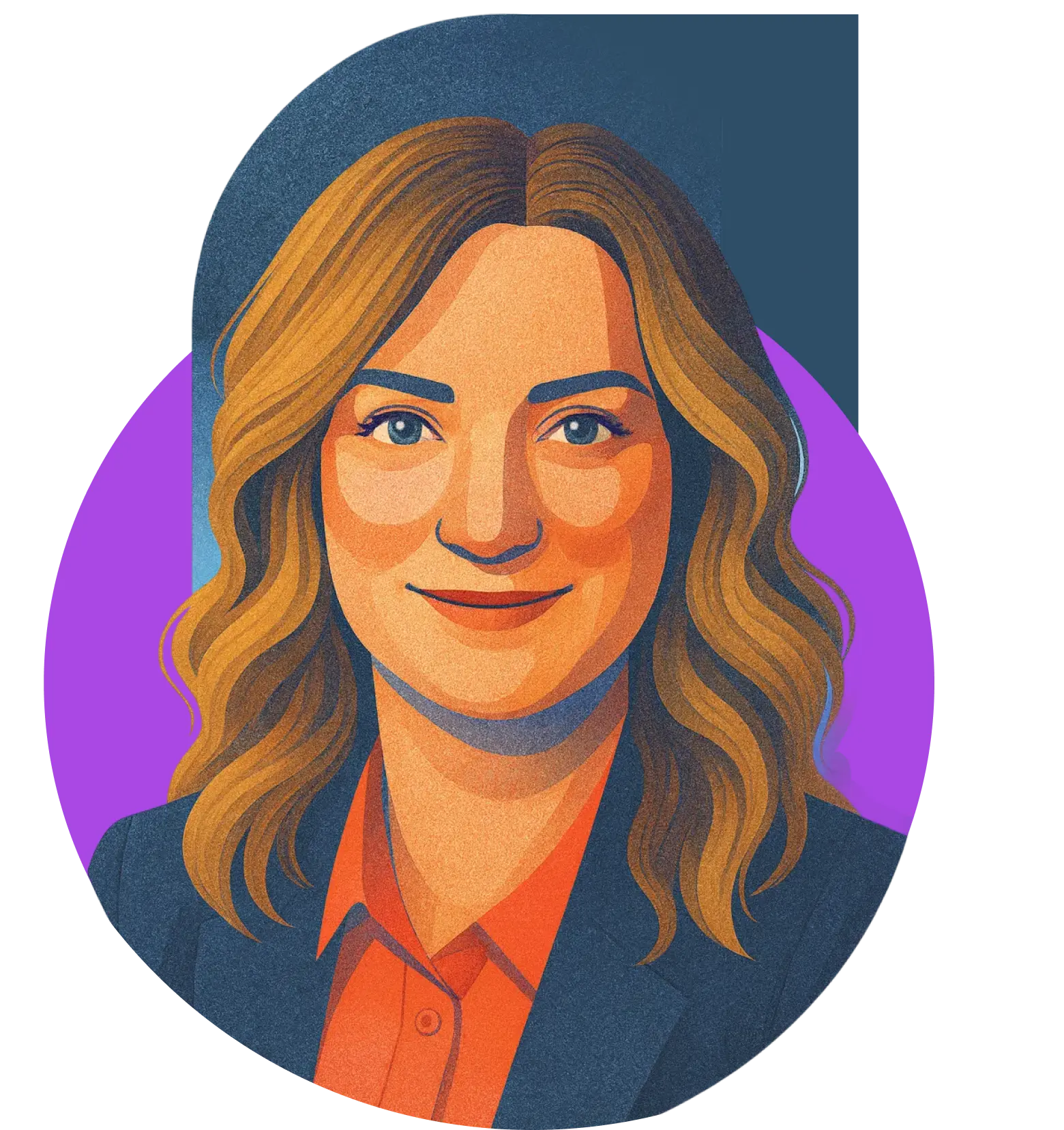 Illustration of a woman with wavy light brown hair wearing an orange shirt and dark blazer.
