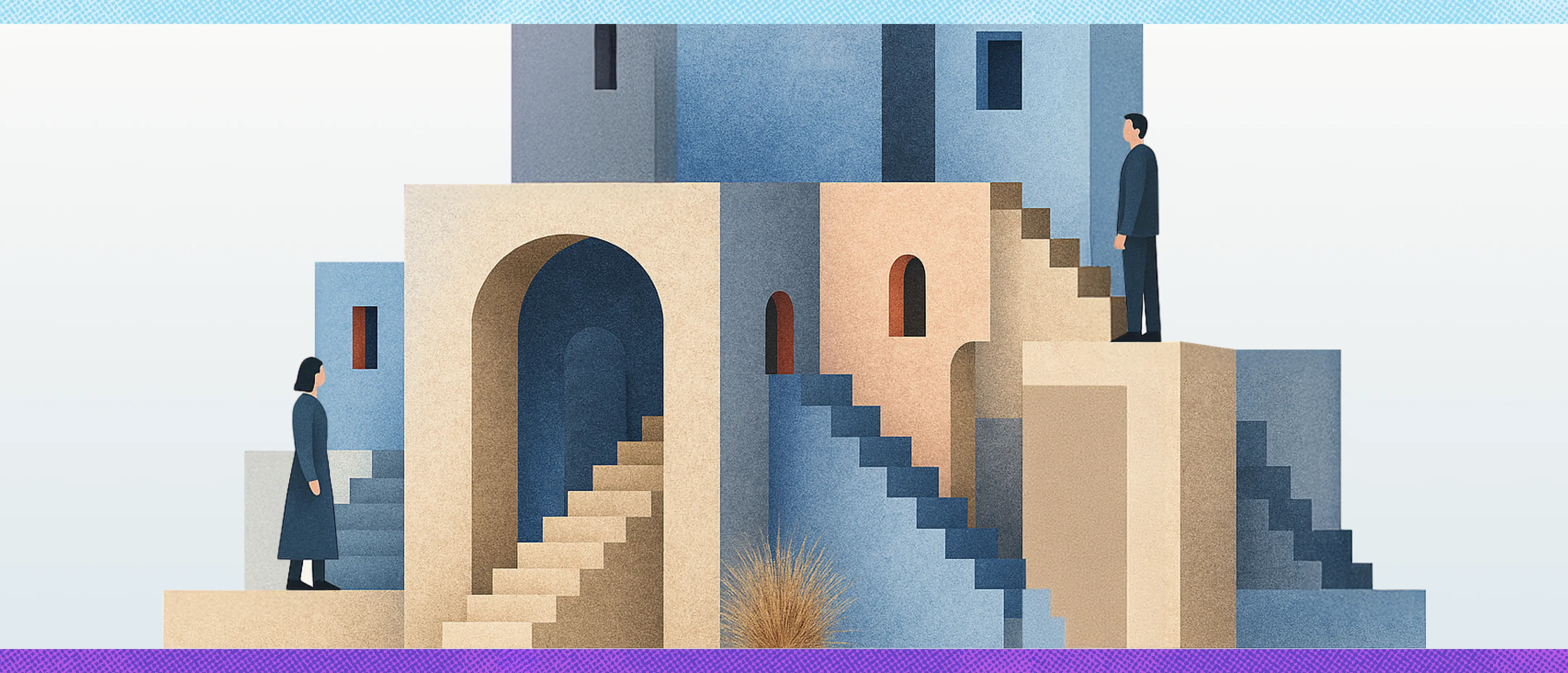 Illustration of two people standing on opposite sides of abstract staircases and archways.