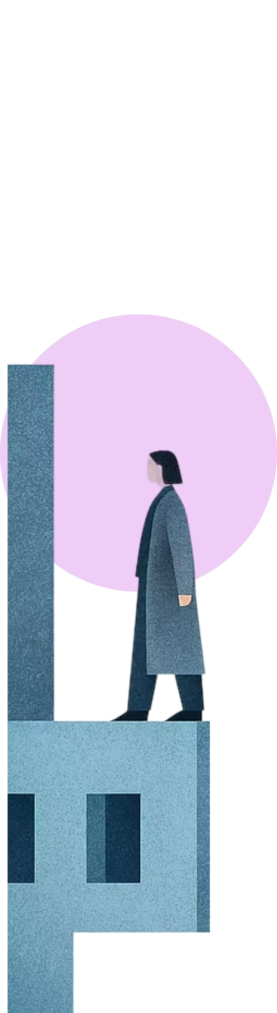 Illustration of a person with black hair wearing a long coat standing on a building rooftop with a large pink circle behind.