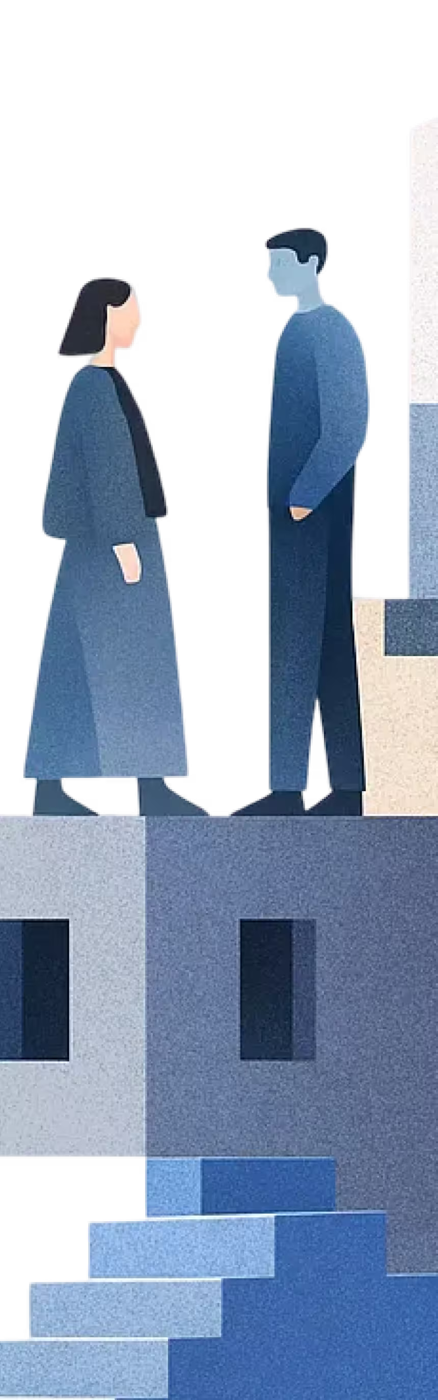 Illustration of a man and woman standing and facing each other on blue and gray block stairs.