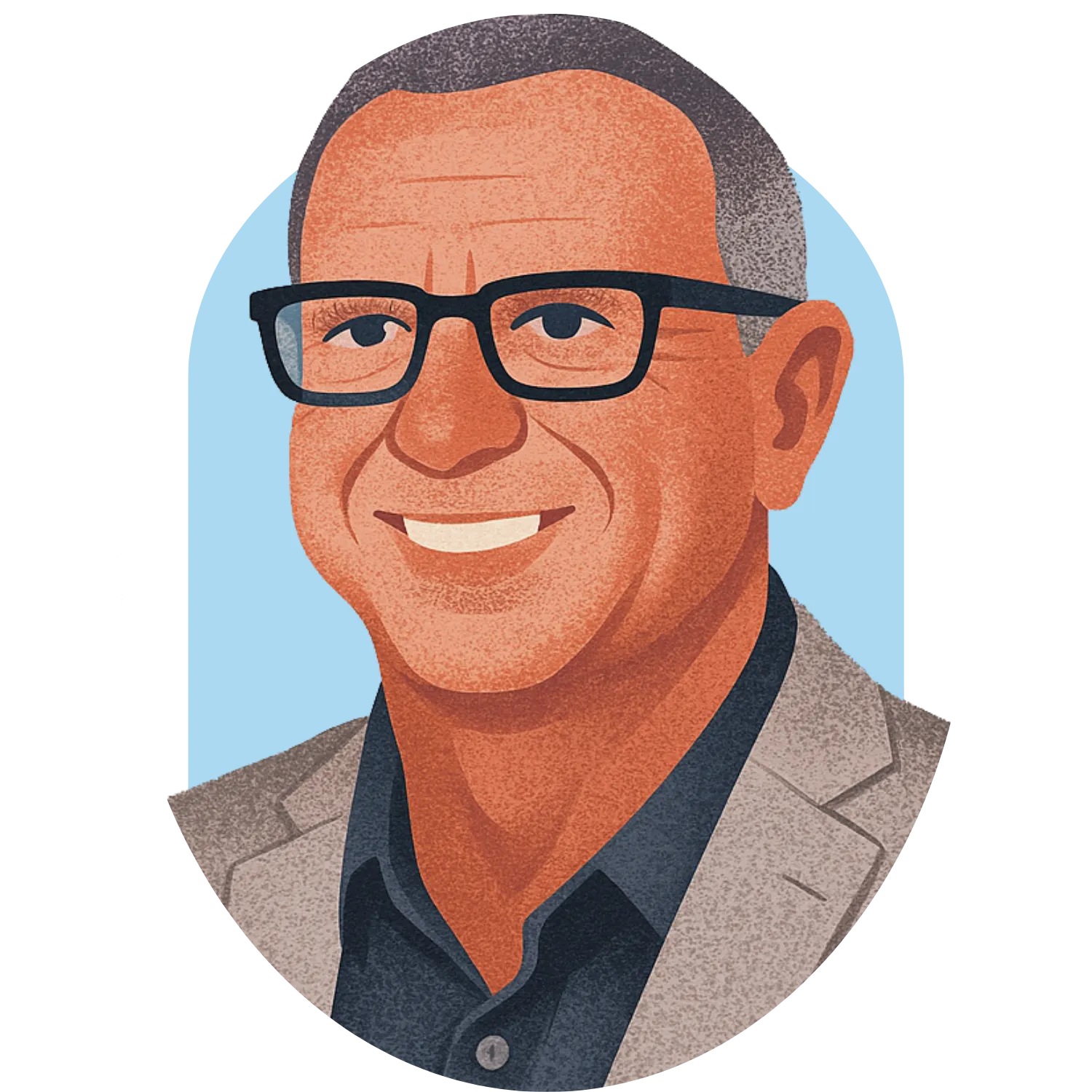 Illustration of a smiling middle-aged man with short hair, glasses, a blazer, and a dark shirt.
