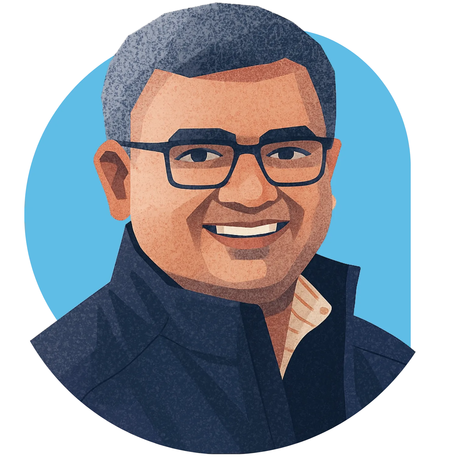 Digital illustration of a smiling man with glasses, short gray hair, and a dark jacket on blue background.