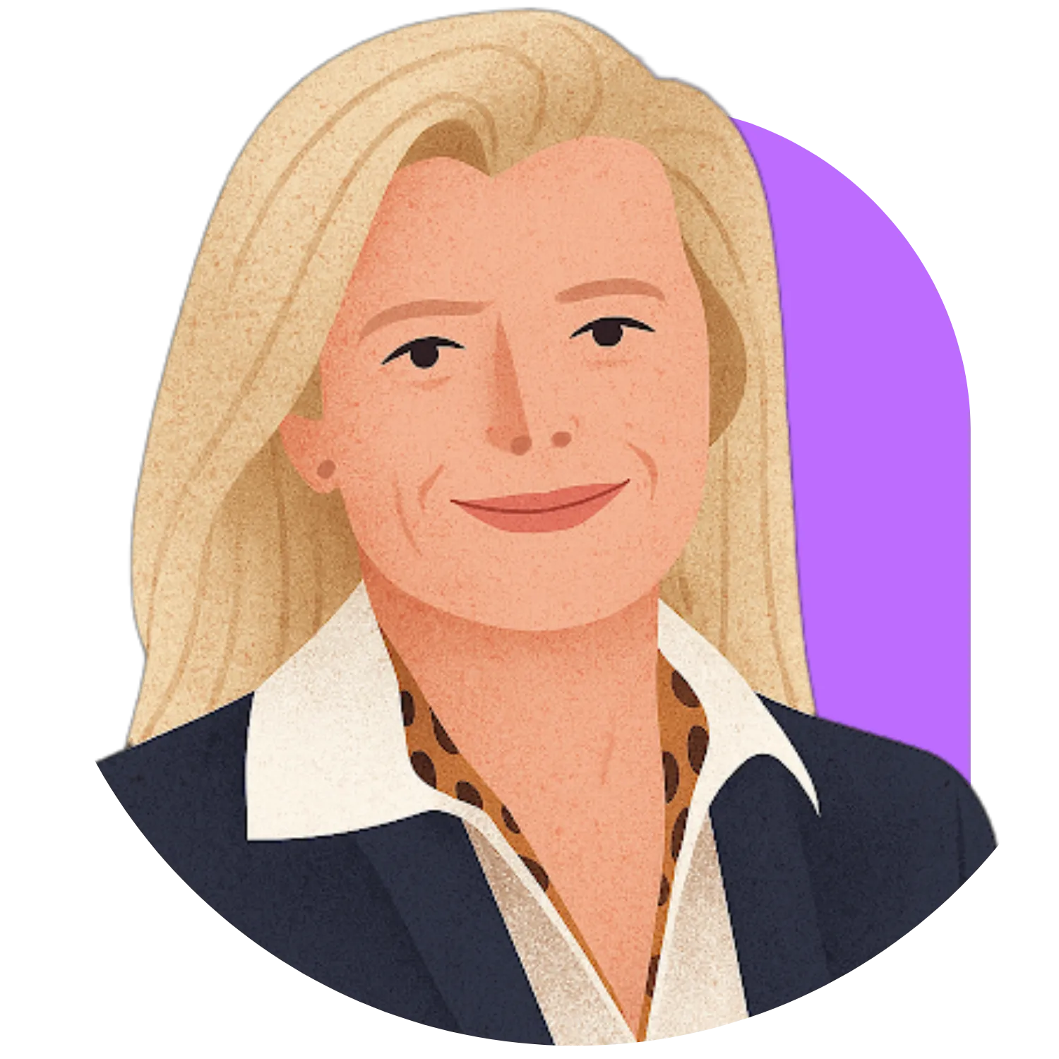 Illustration of a smiling woman with long blond hair, wearing a dark blazer and white collar shirt.