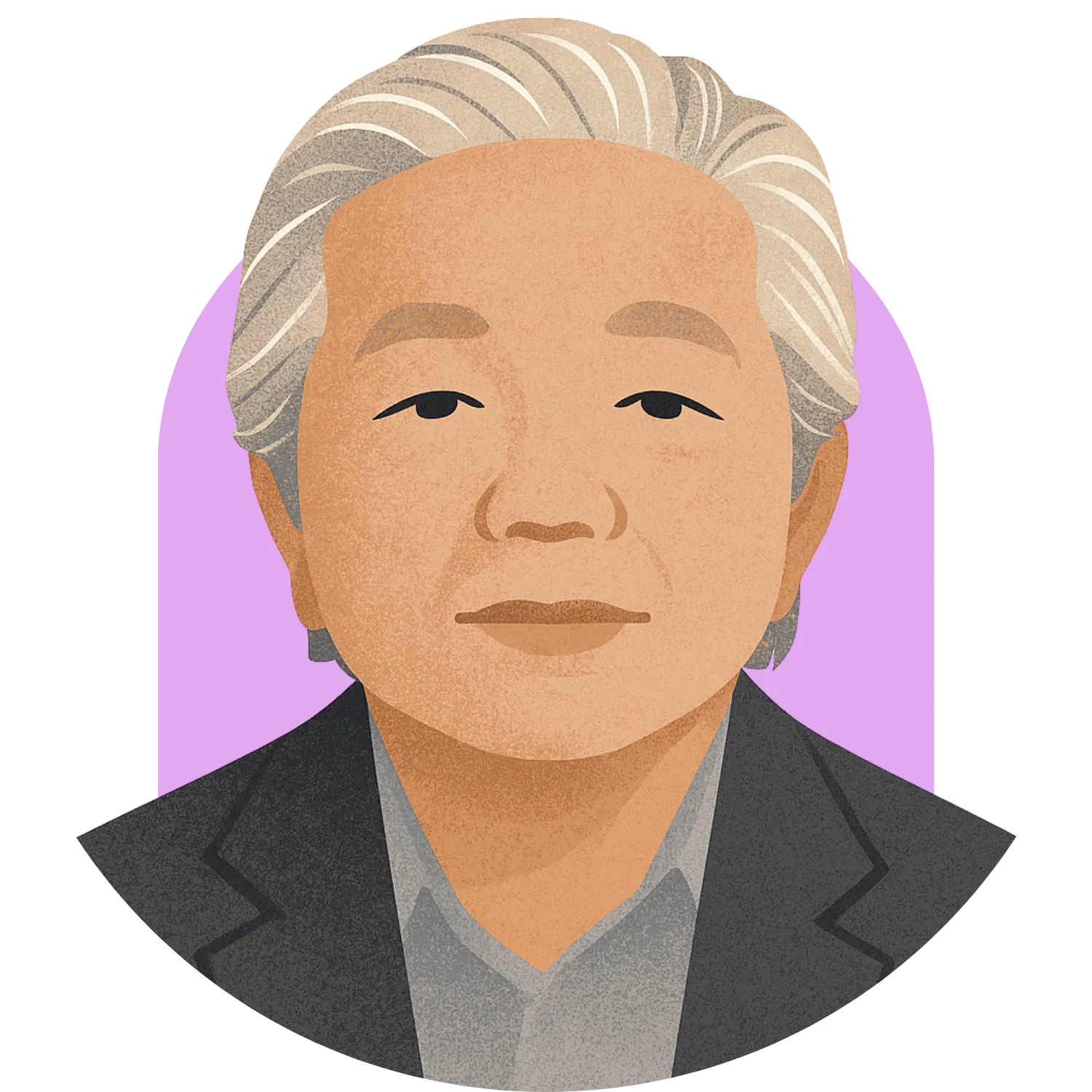 Portrait illustration of an older man with white hair wearing a dark blazer and gray shirt.