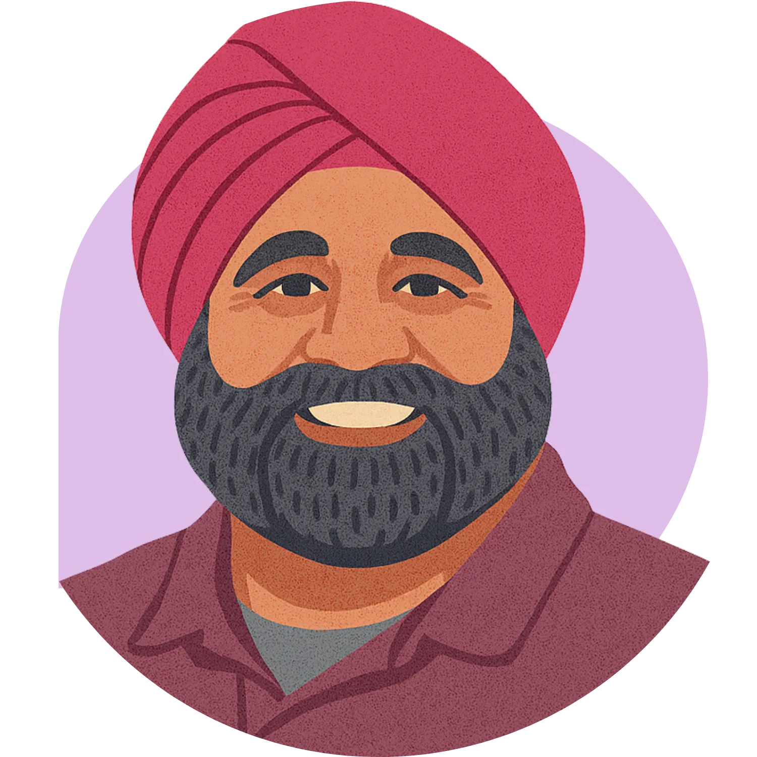Illustration of a smiling man with a dark beard and a red turban, wearing a maroon shirt.