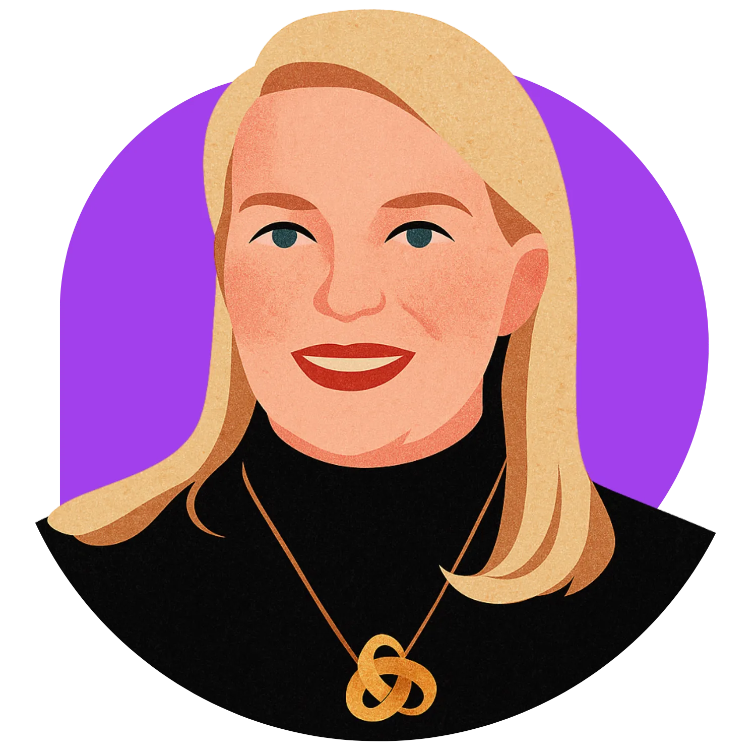 Illustration of a blonde woman with a black turtleneck and a gold infinity knot necklace on a purple background.