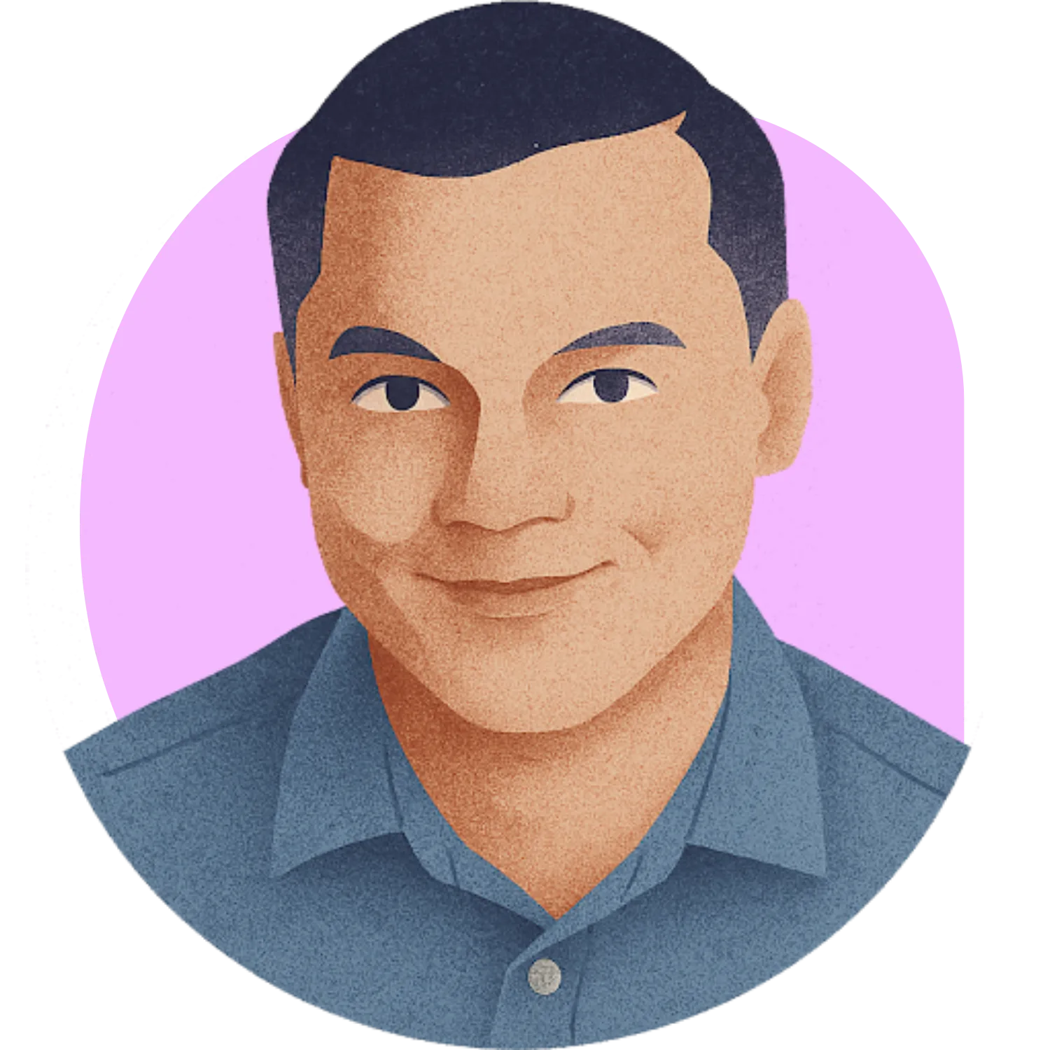 Illustration of a man with short dark hair, wearing a blue collared shirt, smiling with a pink background.