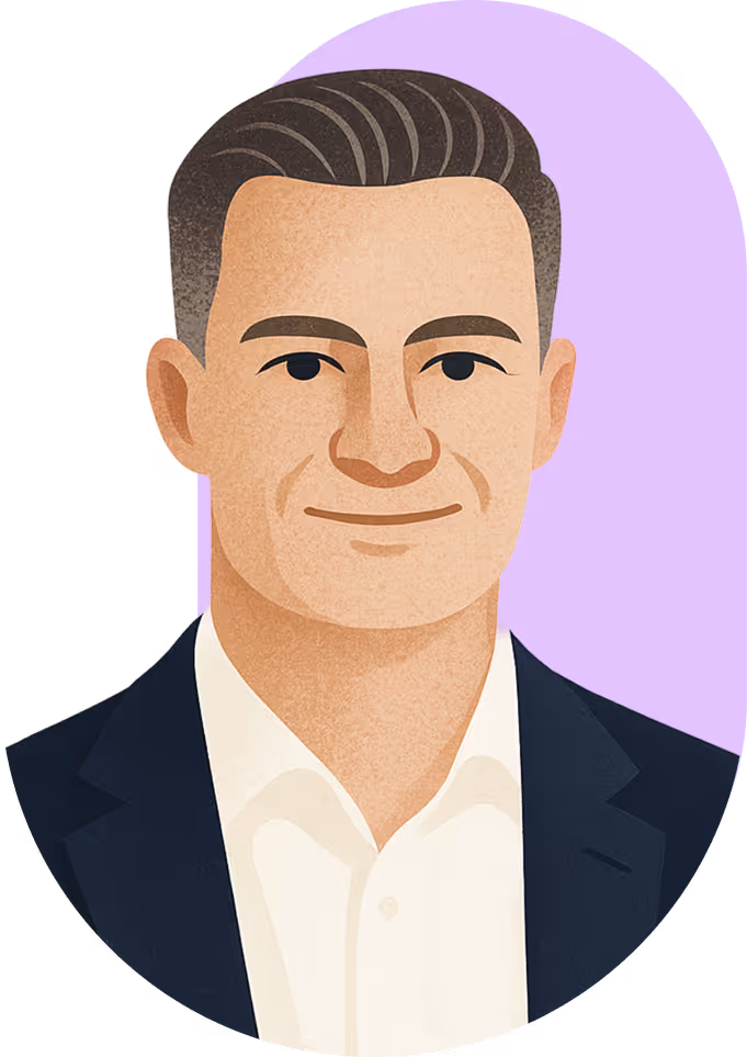 Illustration of a man with short dark hair wearing a dark blazer and white shirt, against a purple background.